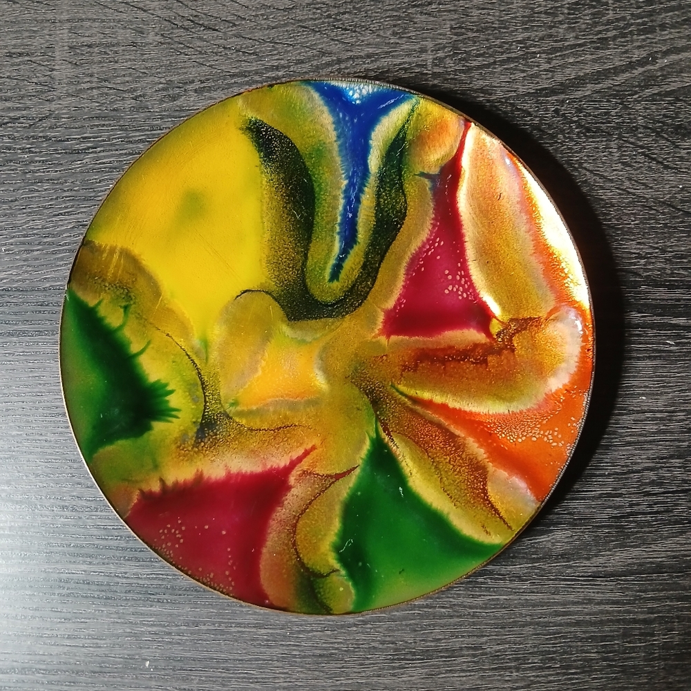 Vintage MCM Multicolour Abstract Enamel on Copper Art Plate